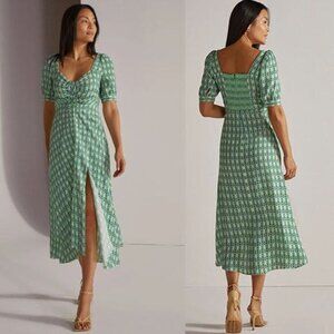 NWT Favorite Daughter Vineyard Retro Mosaic Smocked Slit Midi Dress Green